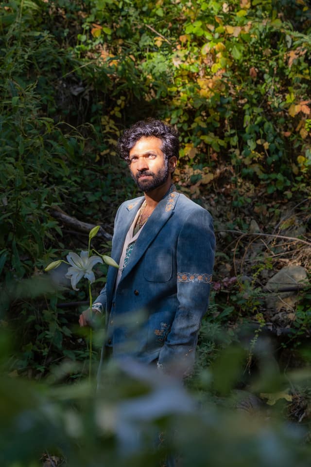 Three Piece Double Breasted Teal Corduroy Suit with Beaded Mughal Motifs